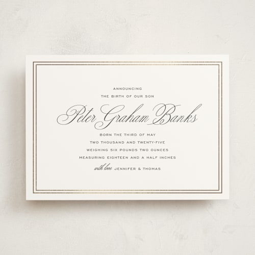 This is a inkwell foil stamped birth announcements with foil pressed by Megan Davis called scholarly charm printing on signature in standard