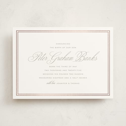 This is a stone foil stamped birth announcements with foil pressed by Megan Davis called scholarly charm printing on signature in standard
