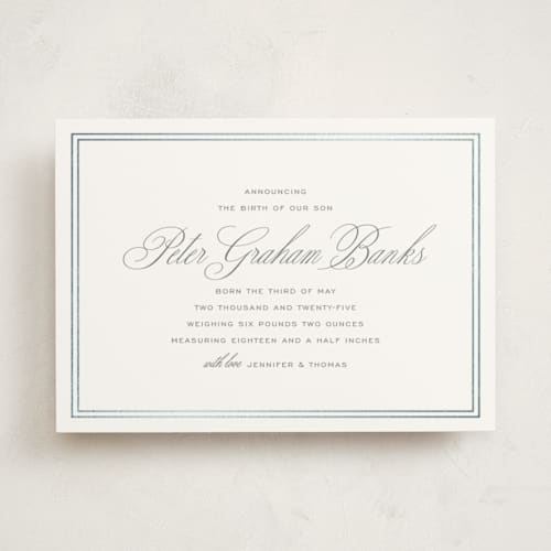 This is a cement foil stamped birth announcements with foil pressed by Megan Davis called scholarly charm printing on signature in standard