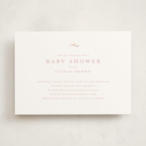 This is a blush foil stamped baby shower invitations with foil pressed by Buddy Creative called tiny bow printing on signature in standard