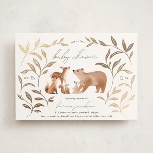 This is a wood foil stamped baby shower invitations with foil pressed by Vivian Yiwing called welcome party printing on signature in standard