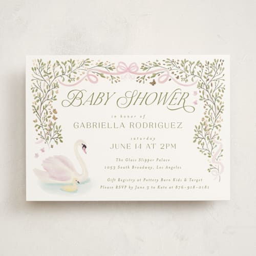 This is a ballet slipper foil stamped baby shower invitations with foil pressed by Jenna Holcomb called swan princess printing on signature in standard