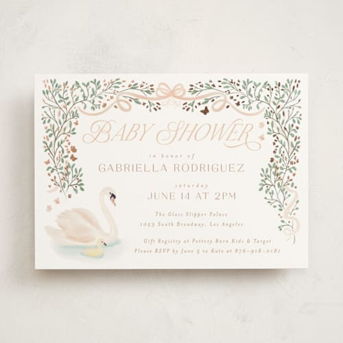 This is a apricot foil stamped baby shower invitations with foil pressed by Jenna Holcomb called swan princess printing on signature in standard