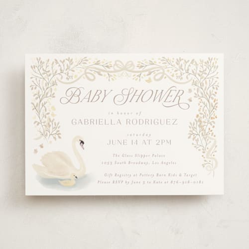 This is a vanilla foil stamped baby shower invitations with foil pressed by Jenna Holcomb called swan princess printing on signature in standard