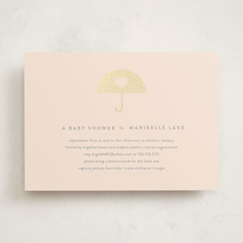 This is a coral foil stamped baby shower invitations with foil pressed by Lori Wemple called heart umbrella printing on signature in standard