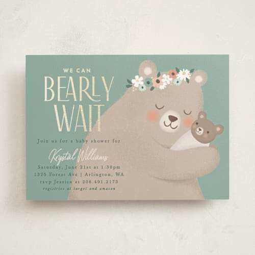 This is a pond foil stamped baby shower invitations with foil pressed by Karidy Walker called mama bear hug printing on signature in standard