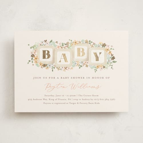 This is a honey foil stamped baby shower invitations with foil pressed by Jennifer Wick called petite baby blocks printing on signature in standard