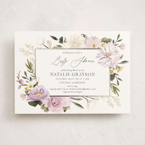 This is a lavender foil stamped baby shower invitations with foil pressed by Susan Moyal called floral wisp printing on signature in standard