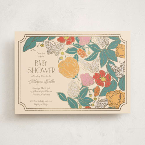 This is a ivory foil stamped baby shower invitations with foil pressed by Simona Camp called gilded butterfly garden printing on signature in standard