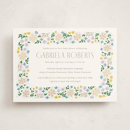 This is a spring foil stamped baby shower invitations with foil pressed by Ashlee Townsend called garden party printing on signature in standard