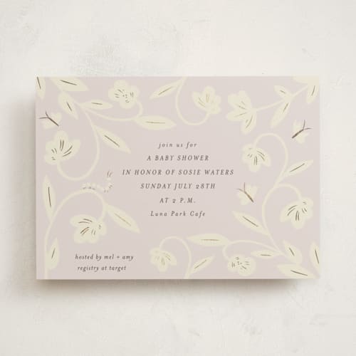 This is a petal foil stamped baby shower invitations with foil pressed by Ani Somi called butterfly garden printing on signature in standard