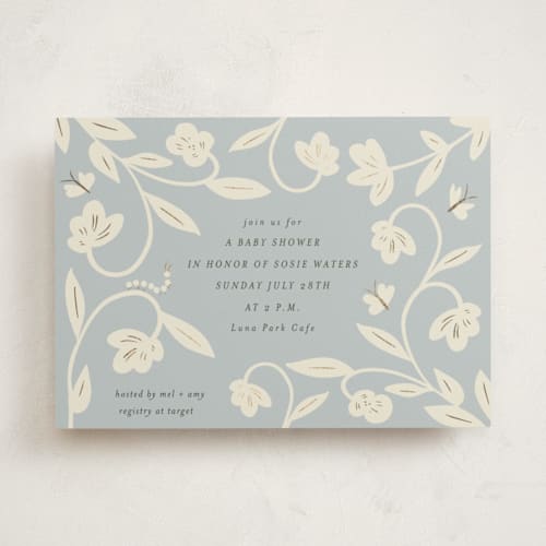 This is a sky foil stamped baby shower invitations with foil pressed by Ani Somi called butterfly garden printing on signature in standard