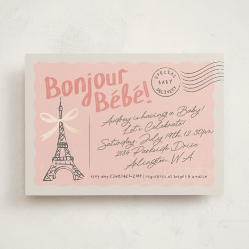This is a petal foil stamped baby shower invitations with foil pressed by Karidy Walker called paris postcard printing on signature in standard