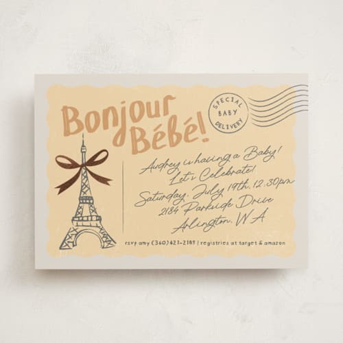 This is a daffodil foil stamped baby shower invitations with foil pressed by Karidy Walker called paris postcard printing on signature in standard