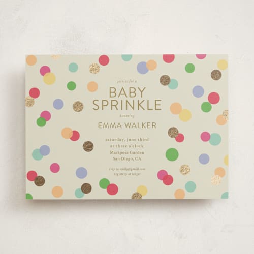 This is a color pop foil stamped baby shower invitations with foil pressed by Stephanie Heinrich Godbout called colorful baby sprinkle printing on signature in standard