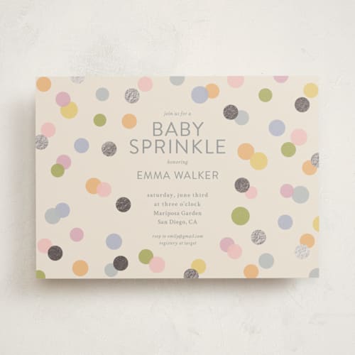 This is a pastel foil stamped baby shower invitations with foil pressed by Stephanie Heinrich Godbout called colorful baby sprinkle printing on signature in standard