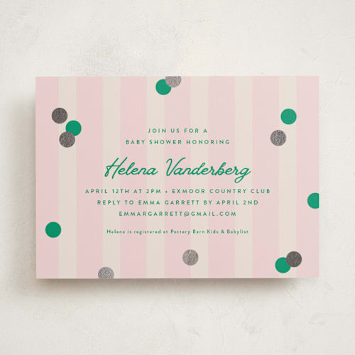This is a peony foil stamped baby shower invitations with foil pressed by Olivia Raufman called preppy confetti printing on signature in standard