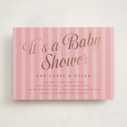 This is a strawberry milkshake foil stamped baby shower invitations with foil pressed by Morgan Kendall called soda shoppe printing on signature in standard