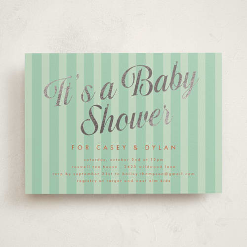 This is a peppermint patty foil stamped baby shower invitations with foil pressed by Morgan Kendall called soda shoppe printing on signature in standard
