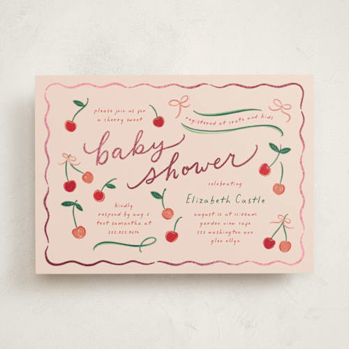 This is a cherry pie foil stamped baby shower invitations with foil pressed by Erin German called cherry sweet printing on signature in standard