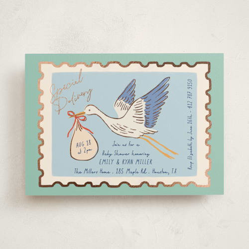 This is a seafoam foil stamped baby shower invitations with foil pressed by Elly called stamp printing on signature in standard