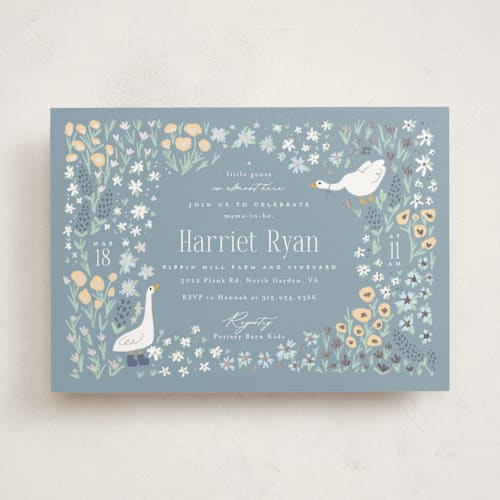 This is a bluebell foil stamped baby shower invitations with foil pressed by Hudson meet Rose called little goose printing on signature in standard