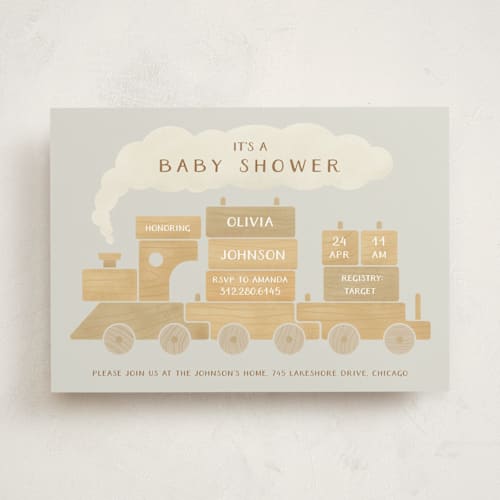 This is a slate baby shower invitations with standard by Adelyn T. called choo choo train printing on signature in standard