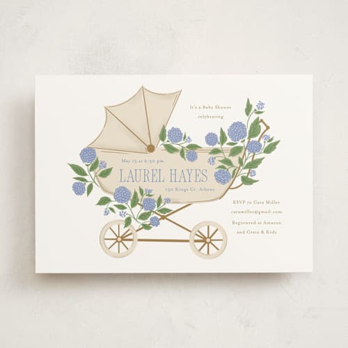 This is a sky baby shower invitations with standard by Cindy Reynolds called hydrangea pram printing on signature in standard