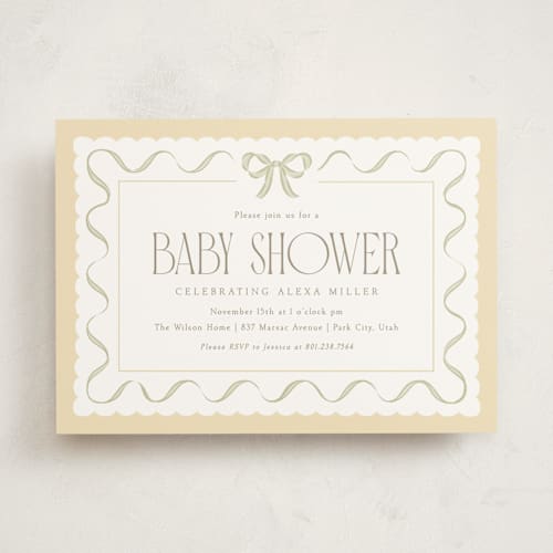 This is a lemon baby shower invitations with standard by Robert and Stella called ribbon toss printing on signature in standard