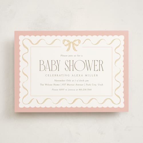 This is a blush baby shower invitations with standard by Robert and Stella called ribbon toss printing on signature in standard