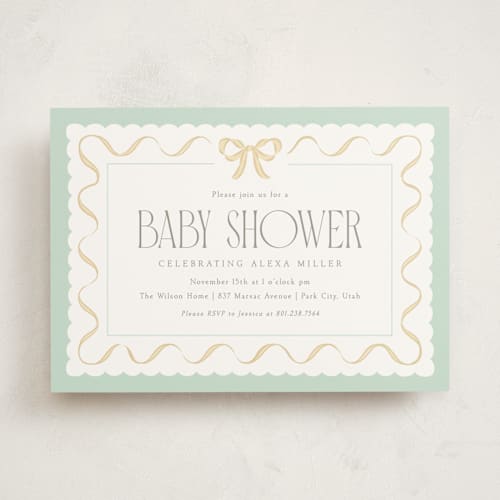 This is a mint baby shower invitations with standard by Robert and Stella called ribbon toss printing on signature in standard