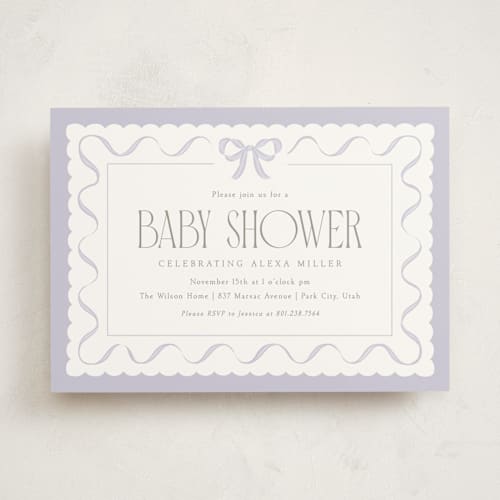 This is a lavender baby shower invitations with standard by Robert and Stella called ribbon toss printing on signature in standard