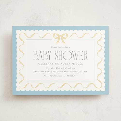 This is a sky baby shower invitations with standard by Robert and Stella called ribbon toss printing on signature in standard
