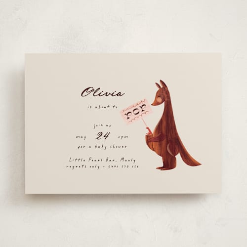 This is a cream baby shower invitations with standard by Gwen Bedat called kangaroo pop printing on signature in standard
