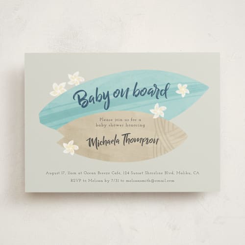 This is a pebble baby shower invitations with standard by Adelyn T. called surf baby printing on signature in standard