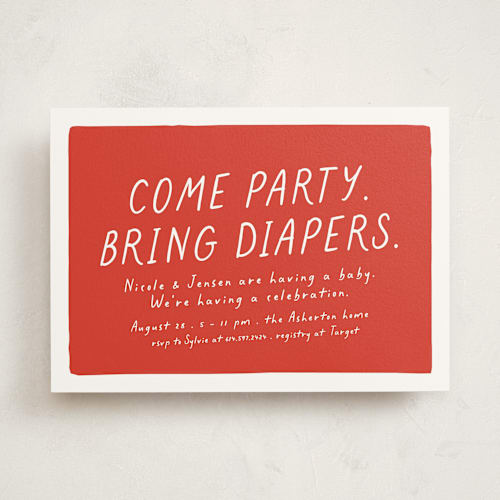 This is a tomato baby shower invitations with standard by Lea Delaveris called bring diapers printing on signature in standard