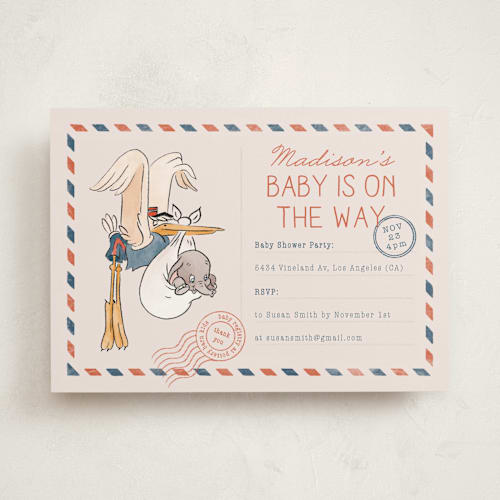 This is a navy baby shower invitations with standard by Claudia Orengo called disney's dumbo stork baby on the way printing on signature in standard