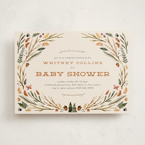 This is a butternut baby shower invitations with standard by Kate Ahn called woodland watercolor printing on signature in standard