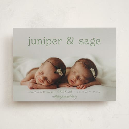 This is a moss birth announcements with standard by Brittany Braithwaite called sweet nostalgia printing on signature in standard