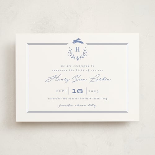 This is a cobalt blue birth announcements with standard by Susan Brown called classic baby monogram printing on signature in standard