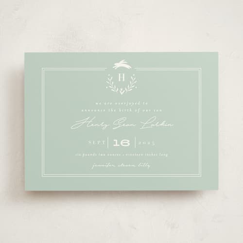 This is a pale mint birth announcements with standard by Susan Brown called classic baby monogram printing on signature in standard