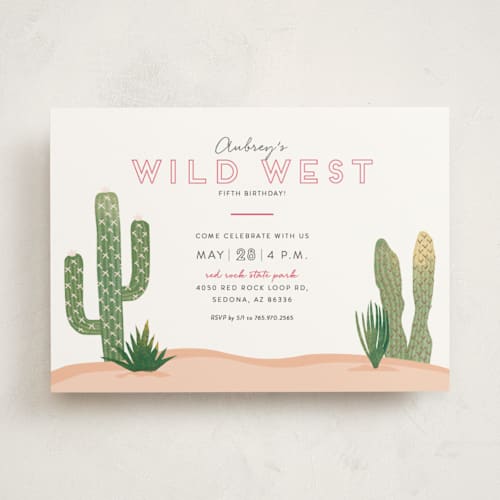 This is a magenta kids birthday invitations with foil pressed by Casey Brock called wild west printing on signature in standard