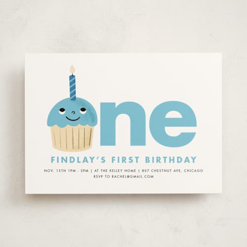 This is a bluebird kids birthday invitations with foil pressed by mo kelley called one cupcake printing on signature in standard