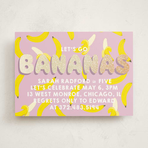 This is a mixed berry kids birthday invitations with foil pressed by Baumbirdy called go bananas printing on signature in standard
