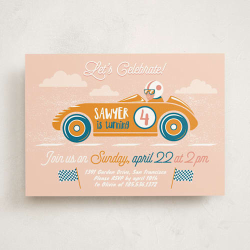 This is a blush kids birthday invitations with standard by Igor called speed time printing on signature in standard
