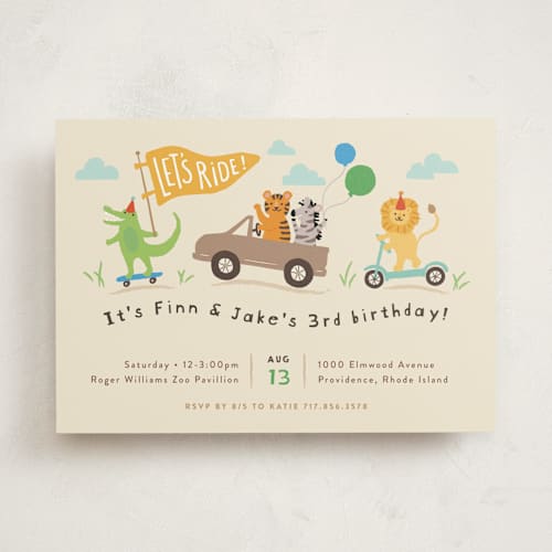 This is a crepe kids birthday invitations with standard by Jennifer Wick called let's ride printing on signature in standard