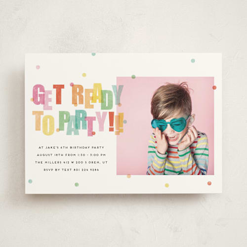 This is a sprinkles kids birthday invitations with standard by Stephanie Hawkes called get ready to party printing on signature in standard