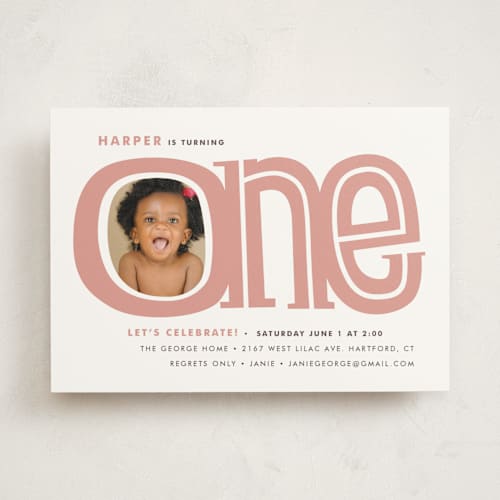 This is a dusty rose kids birthday invitations with standard by Snow and Ivy called big one printing on signature in standard