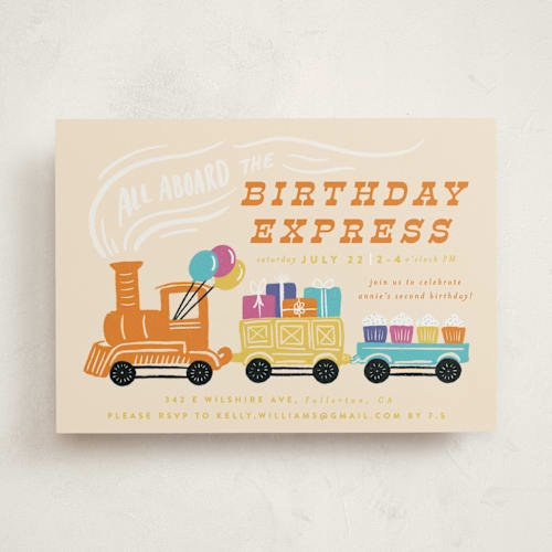 This is a sunset kids birthday invitations with standard by Shiny Penny Studio called the birthday express printing on signature in standard