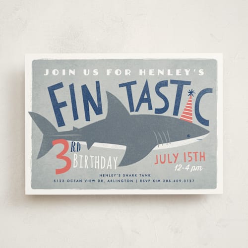 This is a metal kids birthday invitations with standard by Karidy Walker called shark tank printing on signature in standard